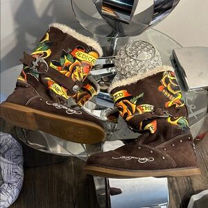 Ed Hardy Fuex fur suede buckle tattooed boots